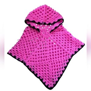 Handmade Florescent Pink and Black Crochet Poncho With Hood